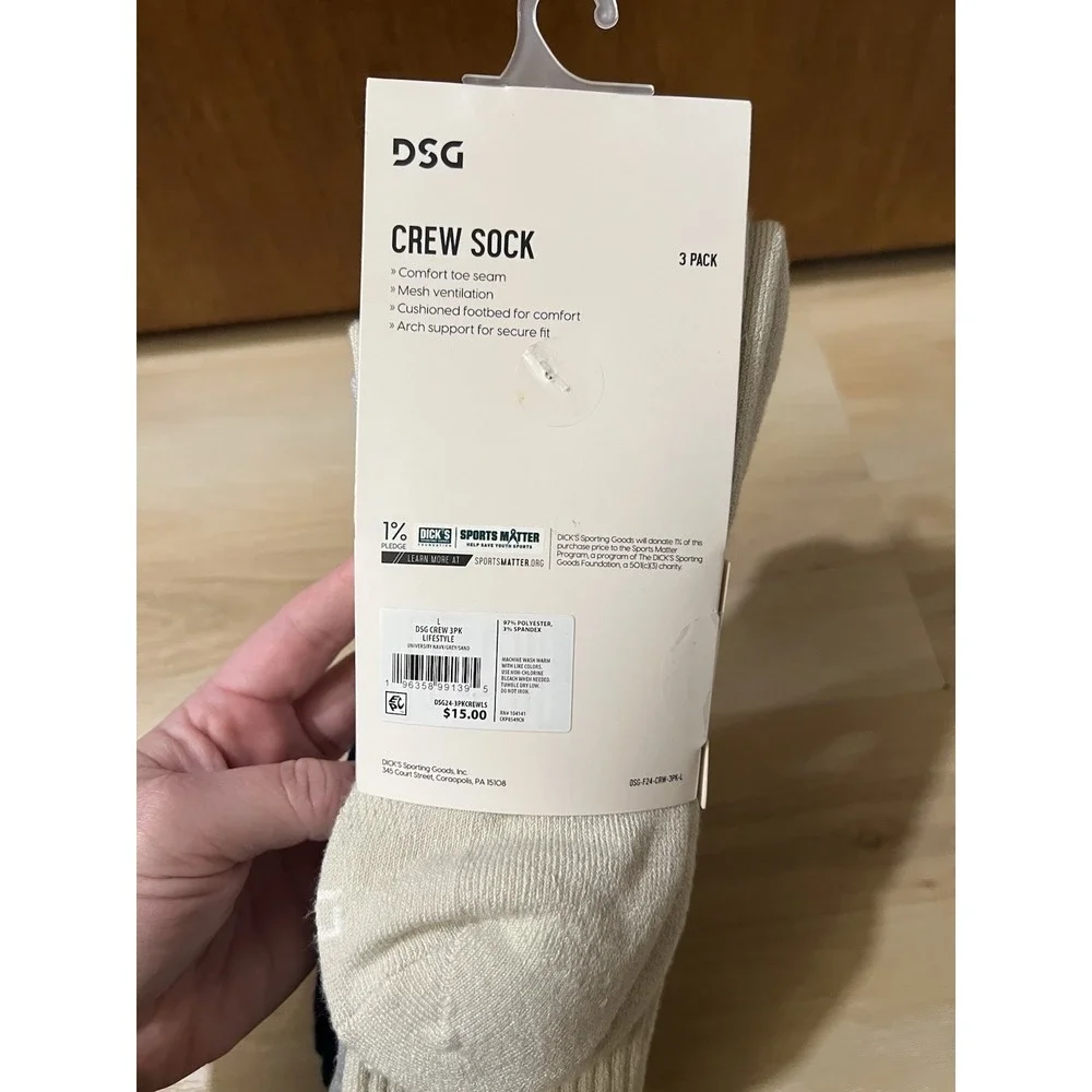 DSG Large (Women's 10+/Men's 8-13) 3‎ Pack Crew Socks Navy Gray Sand